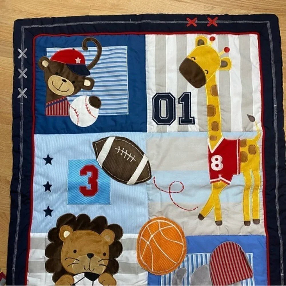Lambs & Ivy Sports Crib Bedding Set Quilted Blanket Animals Giraffe Monkey Lion